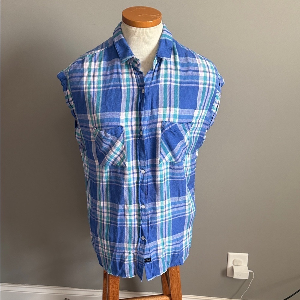 Rails - Cuffed Sleeve Flannel Shirt - Size Medium - Blue/White